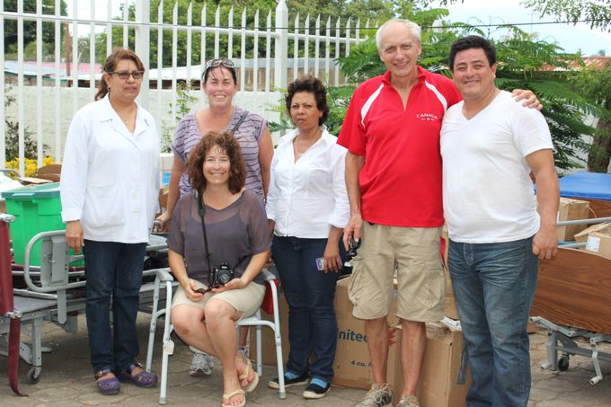 So excited to share the donations to the hospital in Nandaime. Pictured above are back row left to right, Martha Campos (director of Nandaime hospital), Laura Hawkins RN, a Nicaraguan nurse, Dr. Doug Thompson, Edgar Avila (NPH shipping coordinator) and front row, Janice Rauser RN.